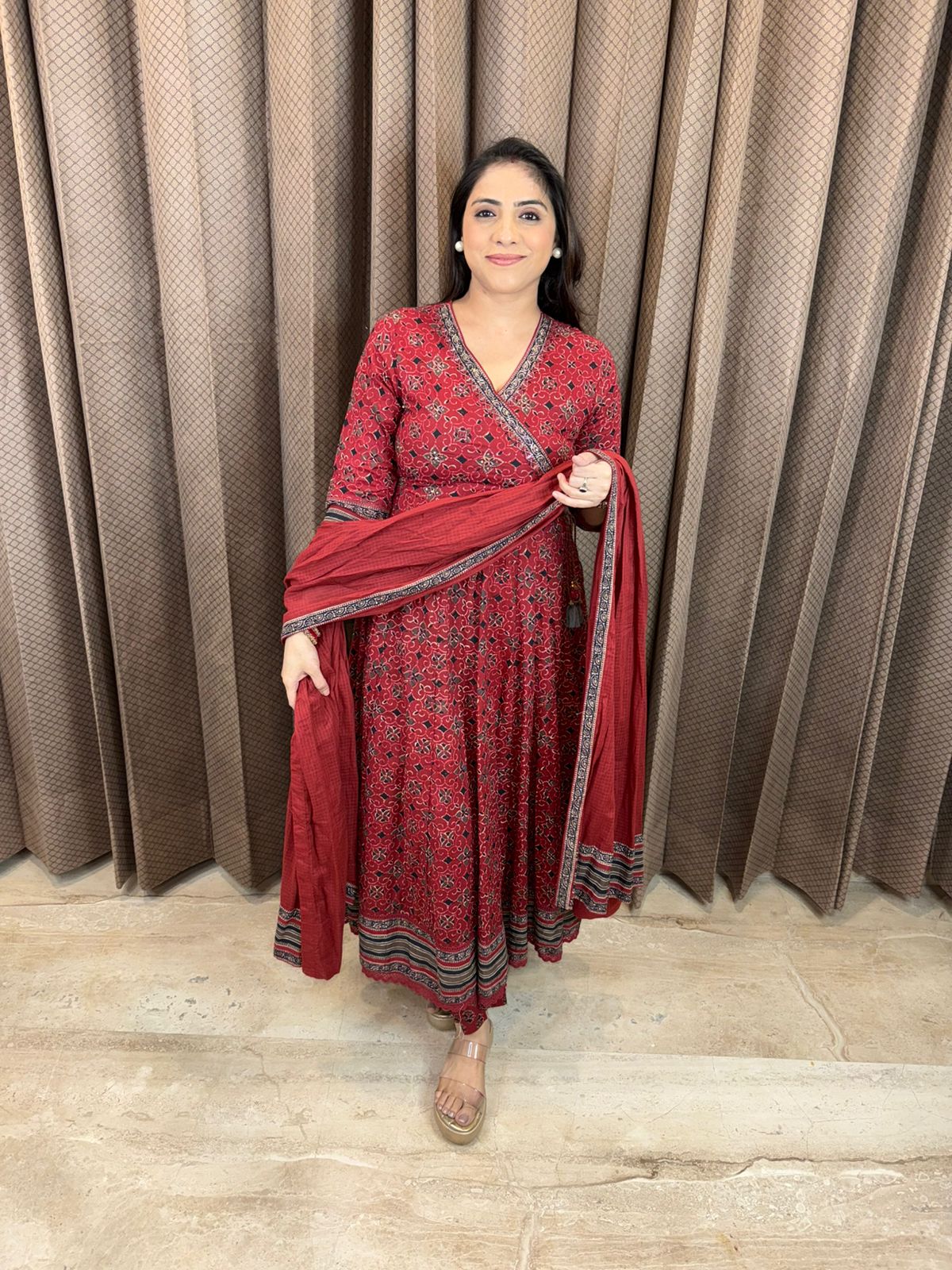 Maroon Printed Angrakha Anarkali Kurta Set with Dupatta