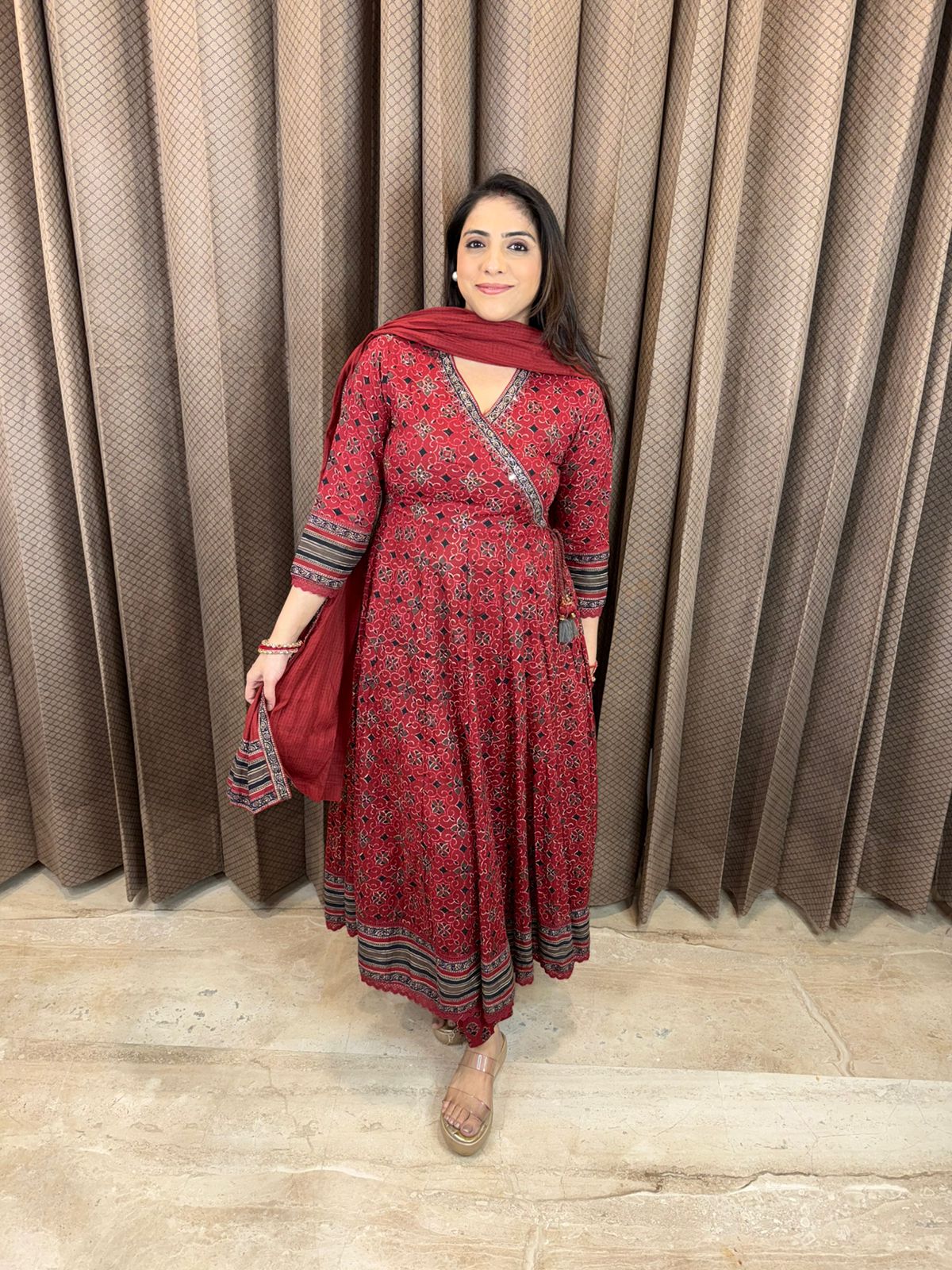 Maroon Printed Angrakha Anarkali Kurta Set with Dupatta
