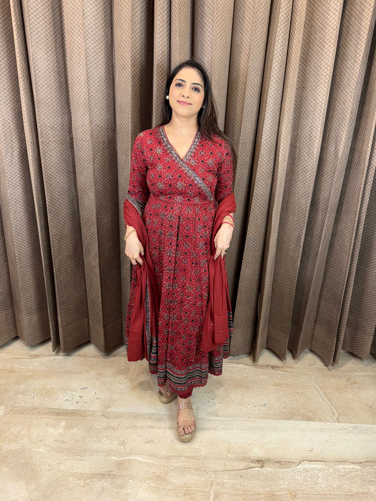 Maroon Printed Angrakha Anarkali Kurta Set with Dupatta