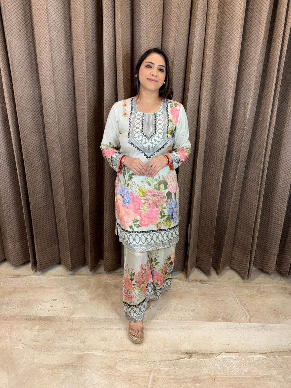 Pastel White Floral Printed Co-ord Set