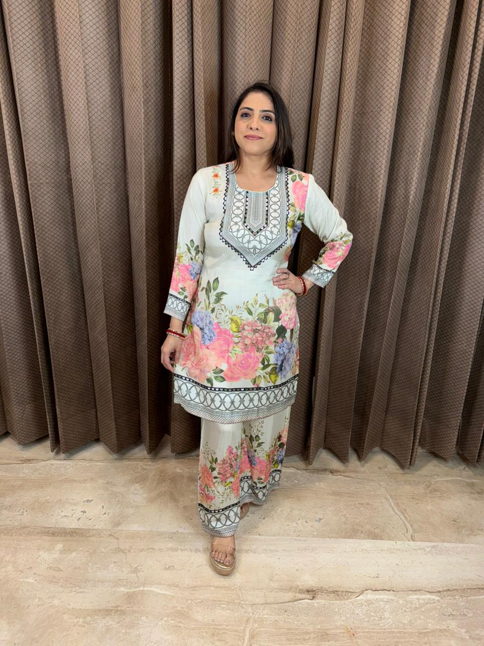 Pastel White Floral Printed Co-ord Set