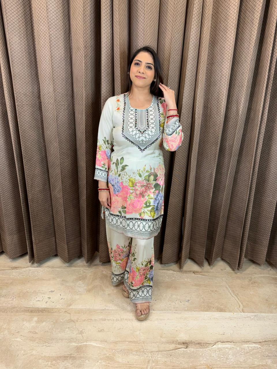 Pastel White Floral Printed Co-ord Set