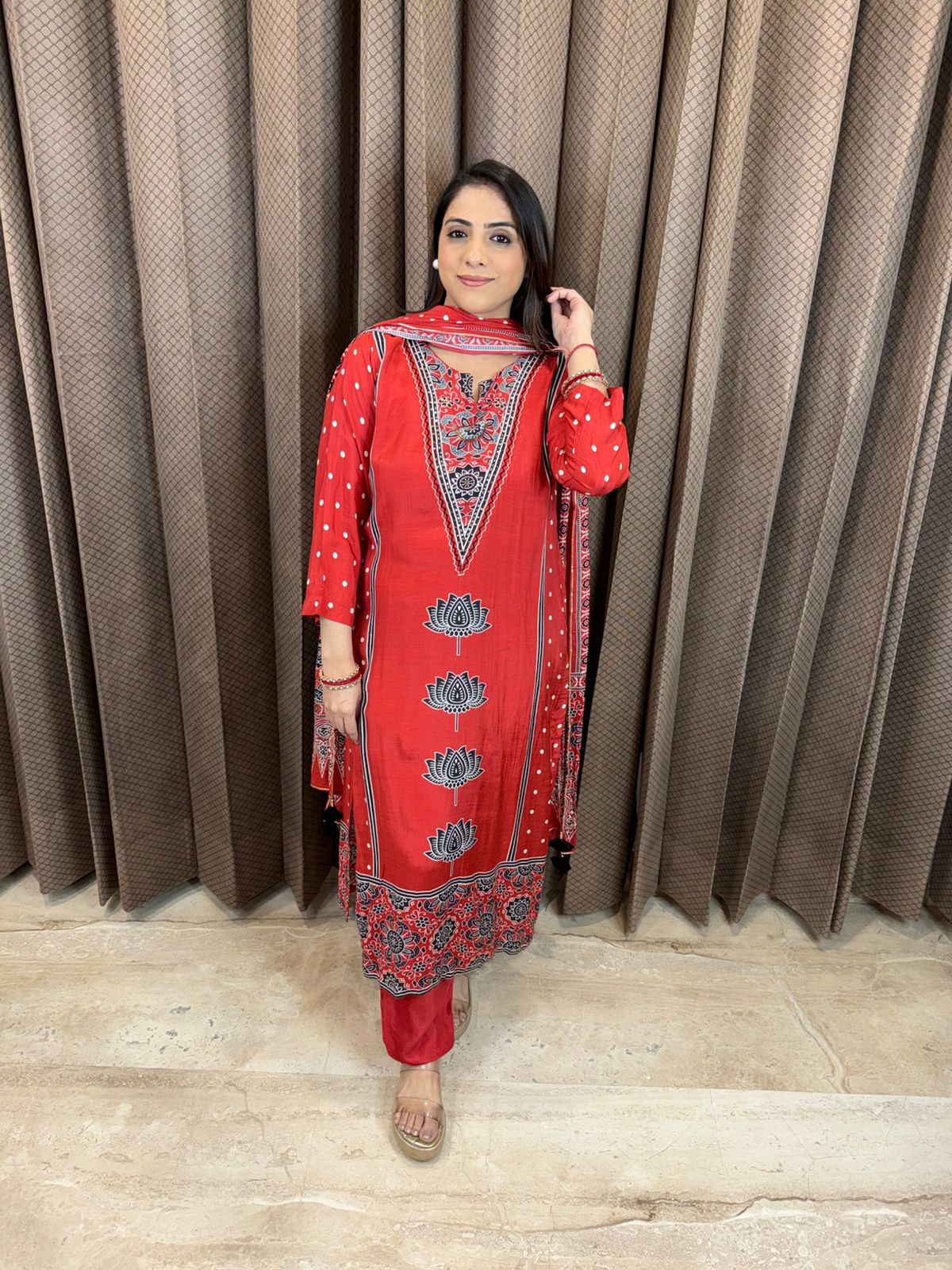 Red Printed Kurta Set with Dupatta