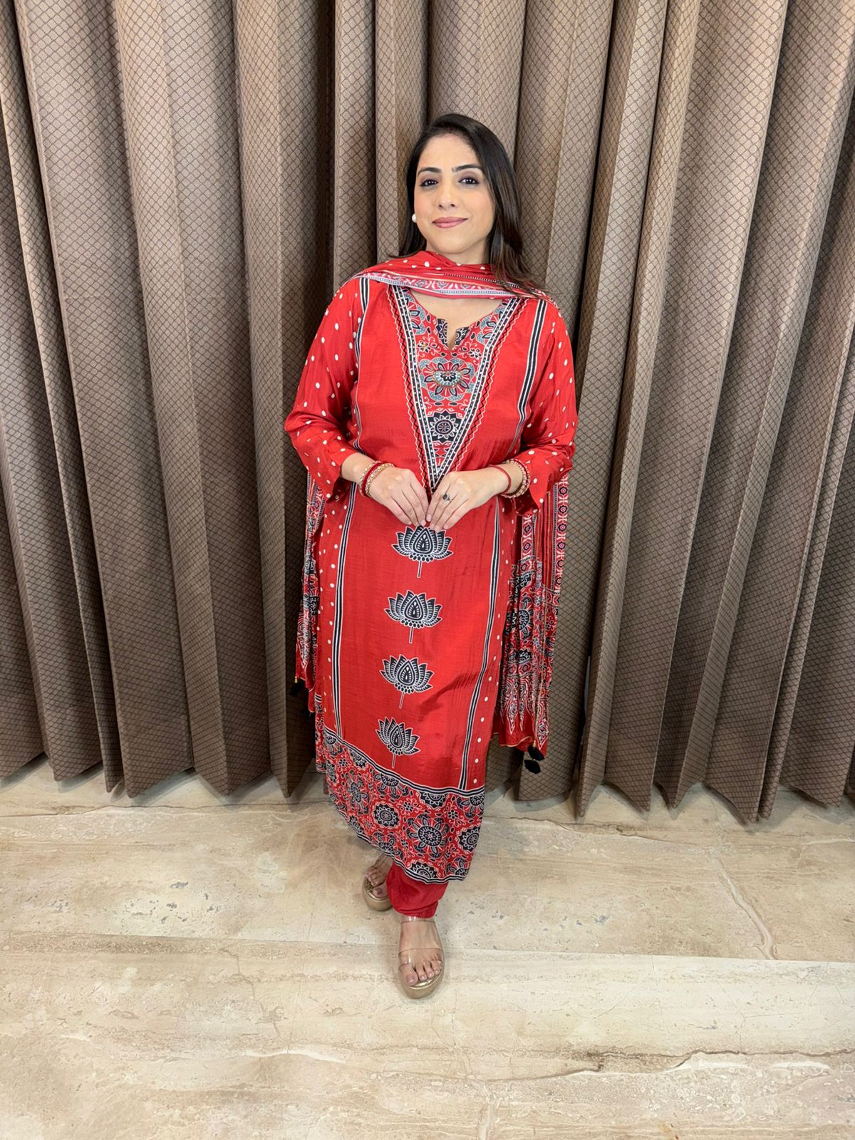 Red Printed Kurta Set with Dupatta
