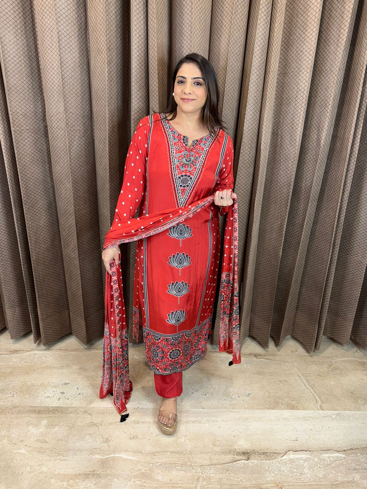 Red Printed Kurta Set with Dupatta