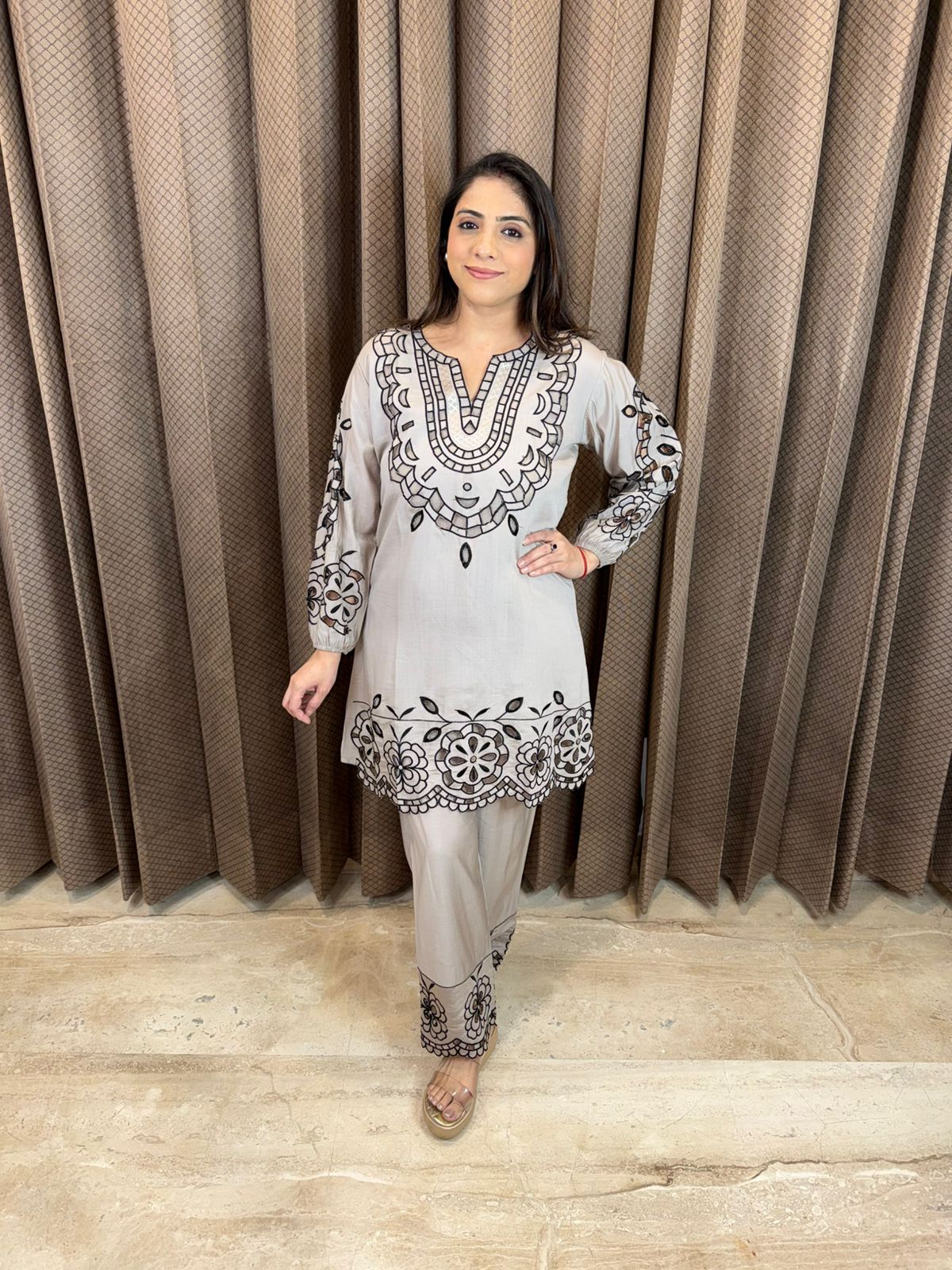 Grey Embroidered Co-ord Set with Black Cut-Work