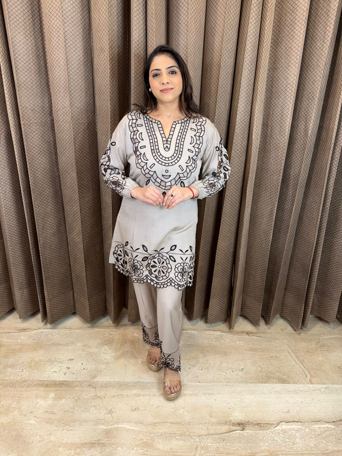 Grey Embroidered Co-ord Set with Black Cut-Work