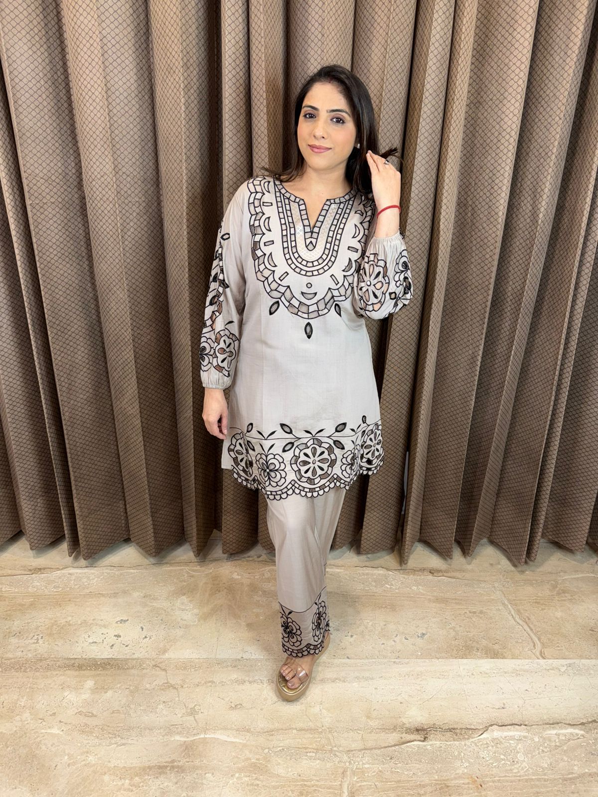 Grey Embroidered Co-ord Set with Black Cut-Work