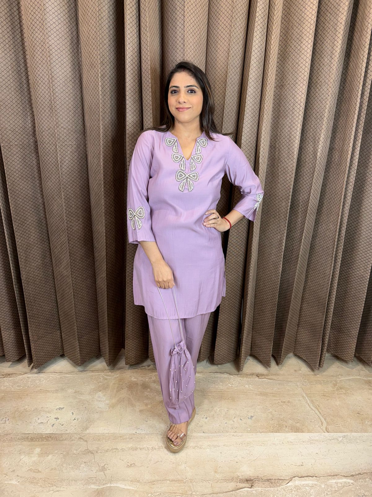 Lavender Co-ord Set with Bow Embellished Neckline & Potli