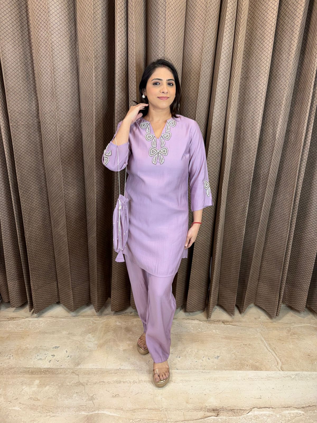 Lavender Co-ord Set with Bow Embellished Neckline & Potli