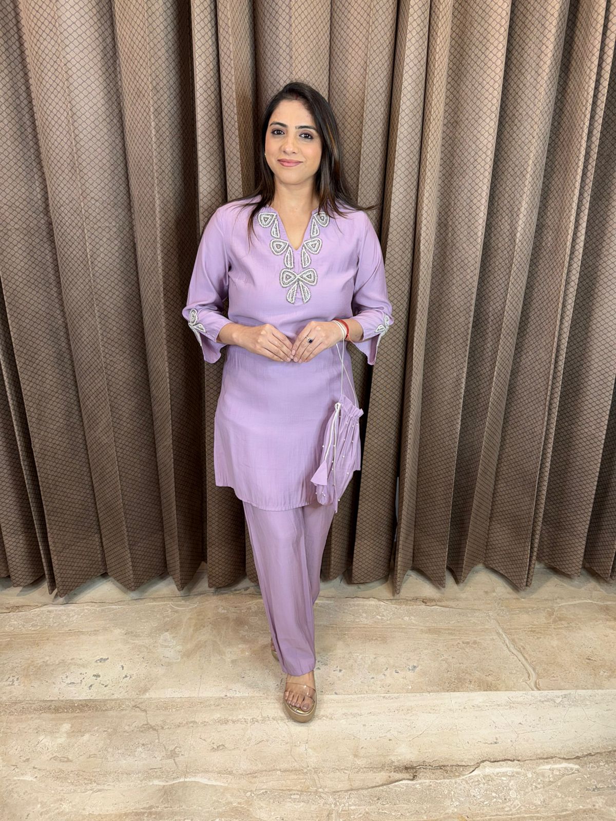 Lavender Co-ord Set with Bow Embellished Neckline & Potli