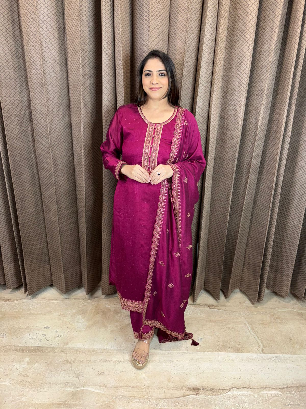 Wine Embroidered Kurta Set with Dupatta