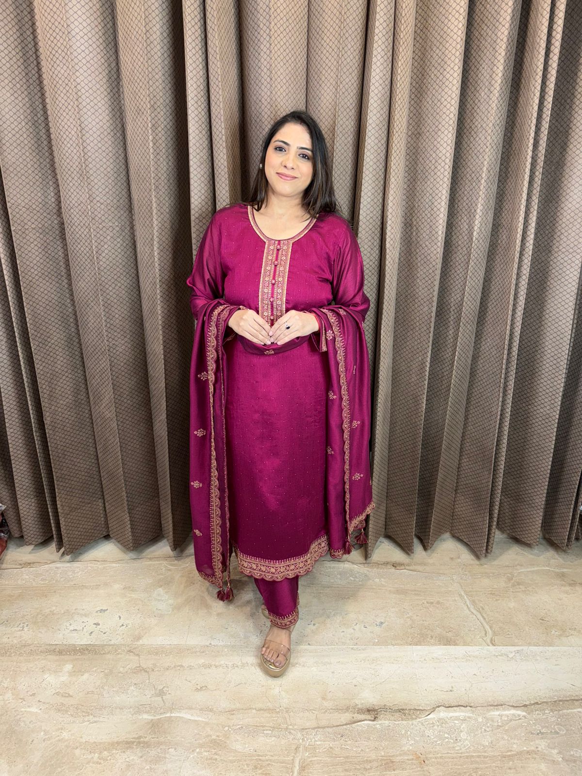 Wine Embroidered Kurta Set with Dupatta
