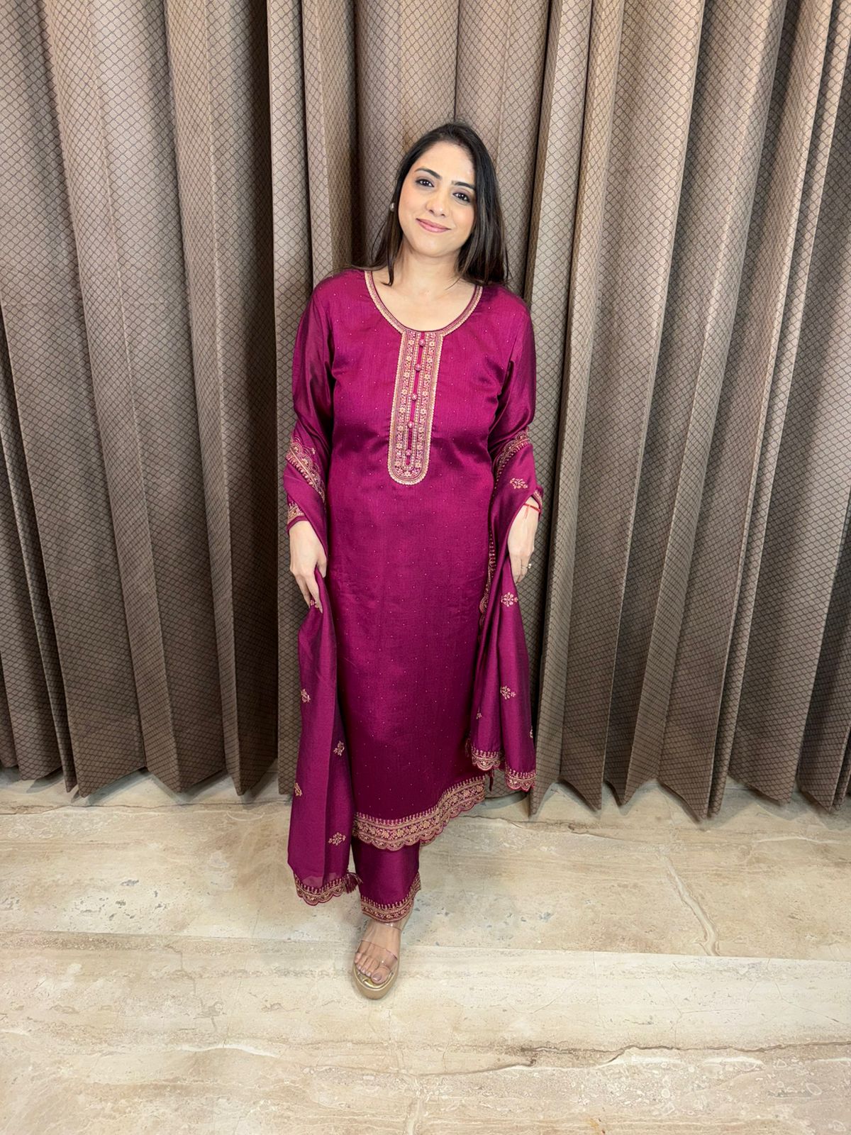 Wine Embroidered Kurta Set with Dupatta