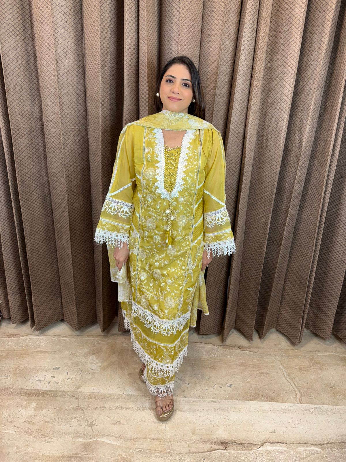 Mustard Yellow Floral Embroidered Kurta Set with Lace Detailing & Dupatta