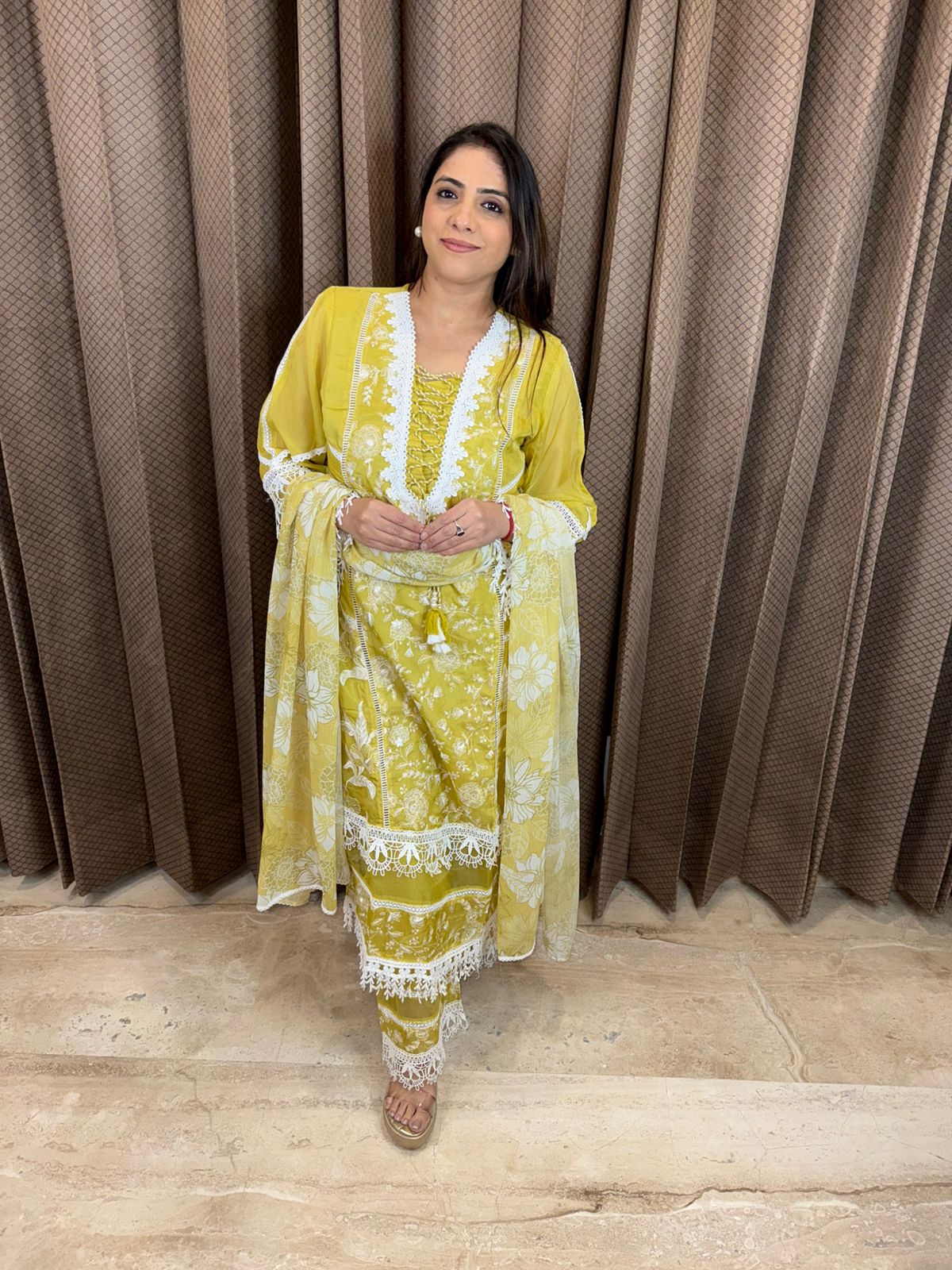 Mustard Yellow Floral Embroidered Kurta Set with Lace Detailing & Dupatta