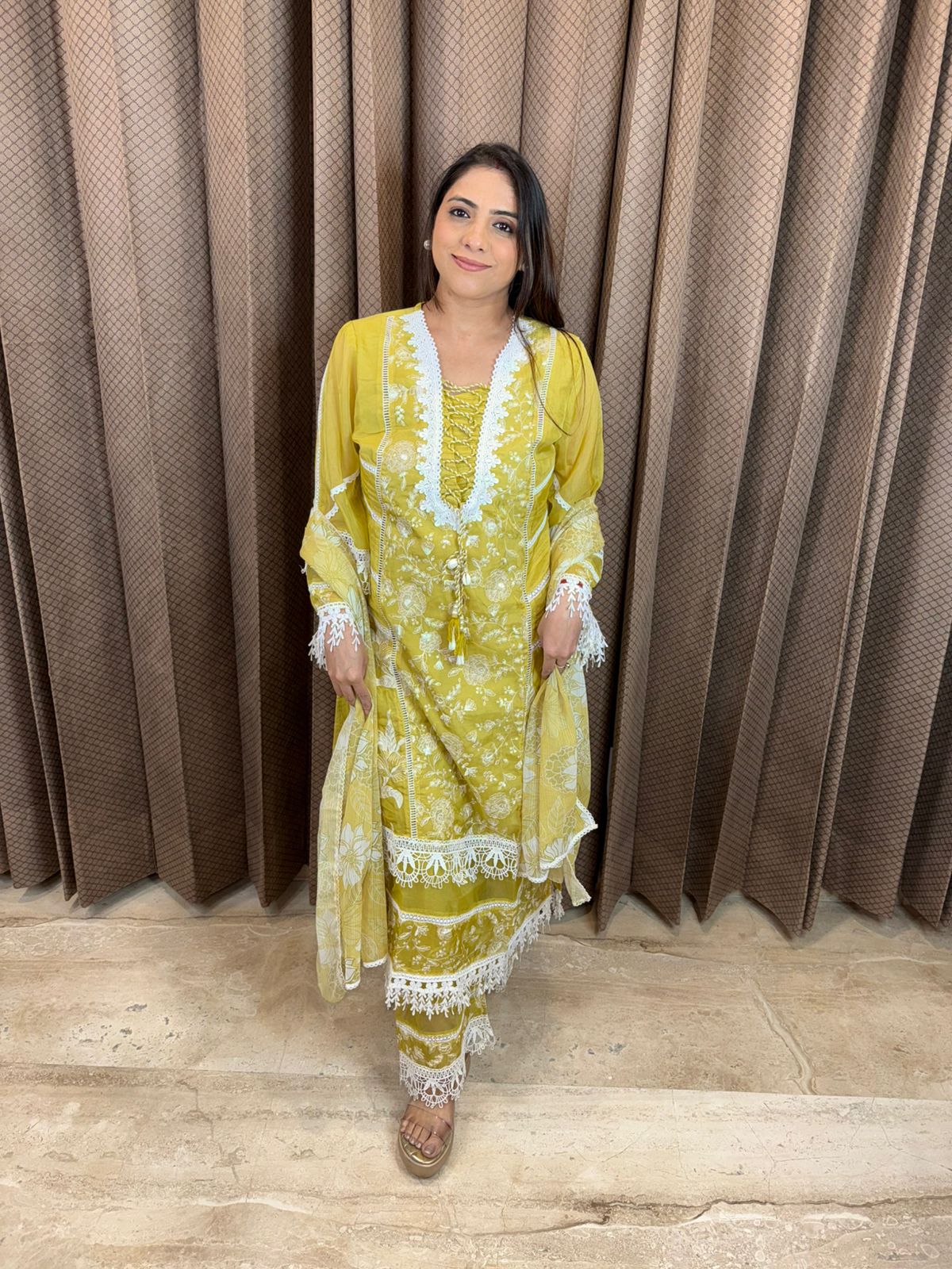 Mustard Yellow Floral Embroidered Kurta Set with Lace Detailing & Dupatta