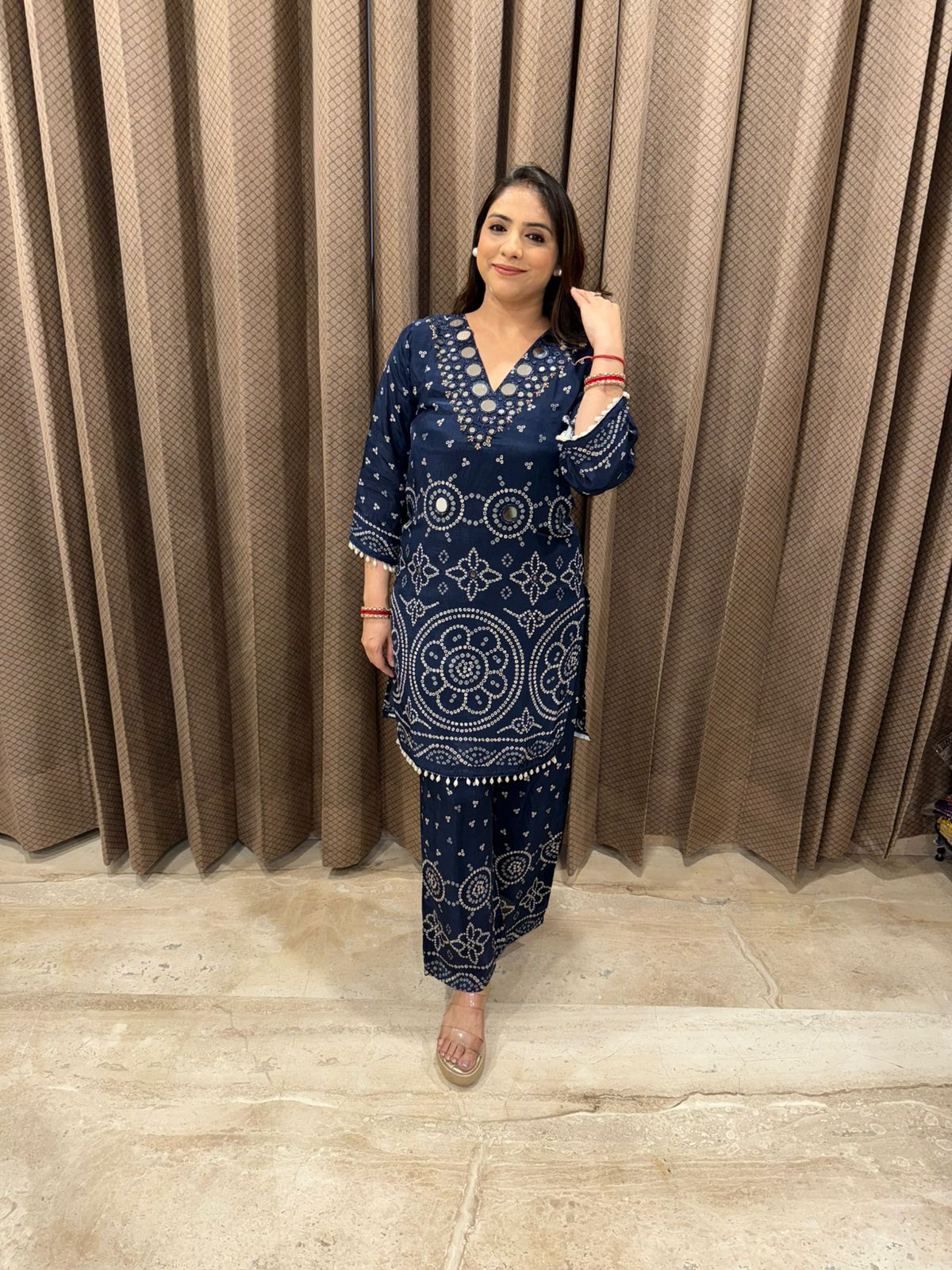 Navy Blue Mirror Work Printed Co-ord Set with Palazzo Pants