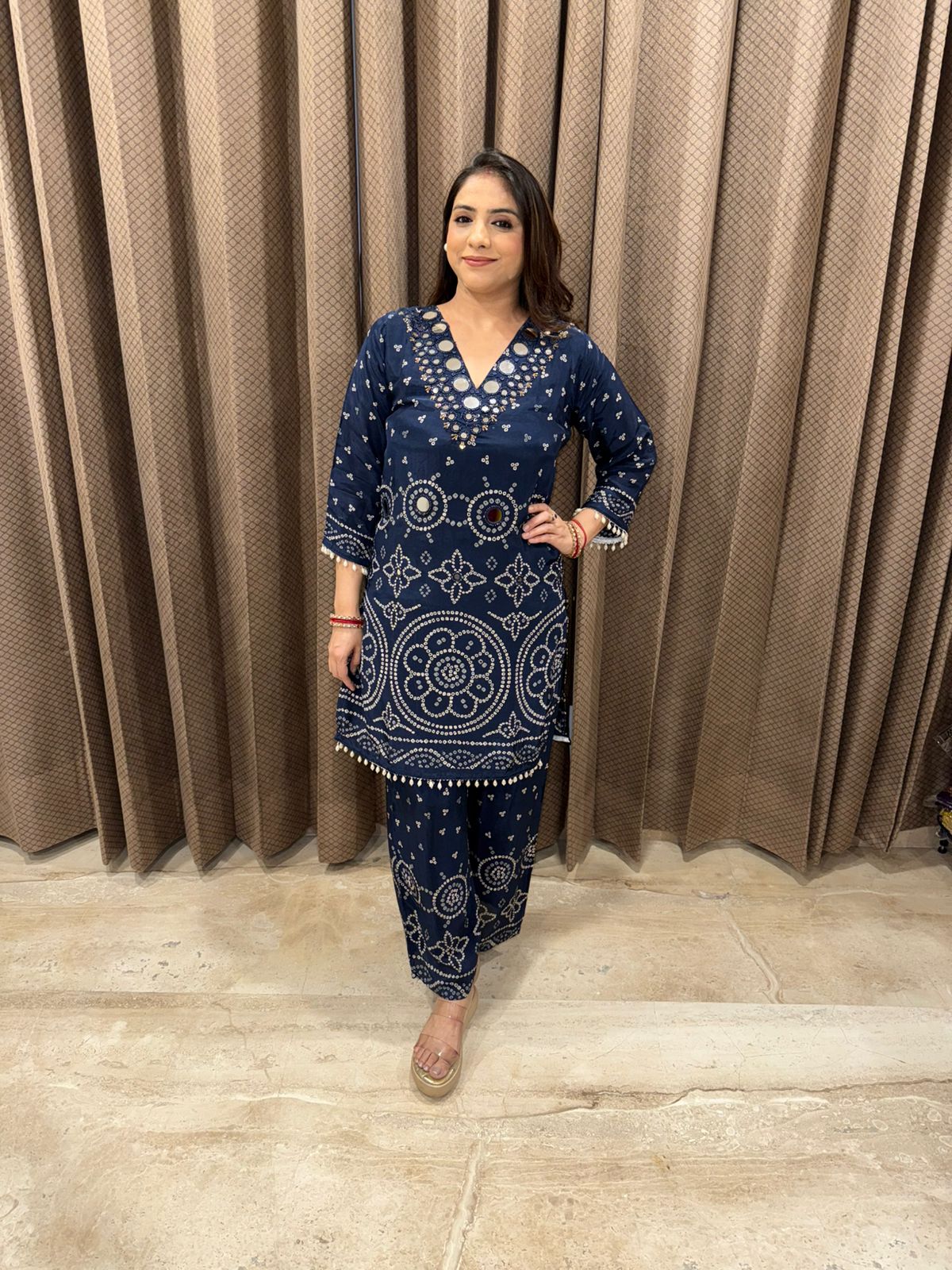 Navy Blue Mirror Work Printed Co-ord Set with Palazzo Pants