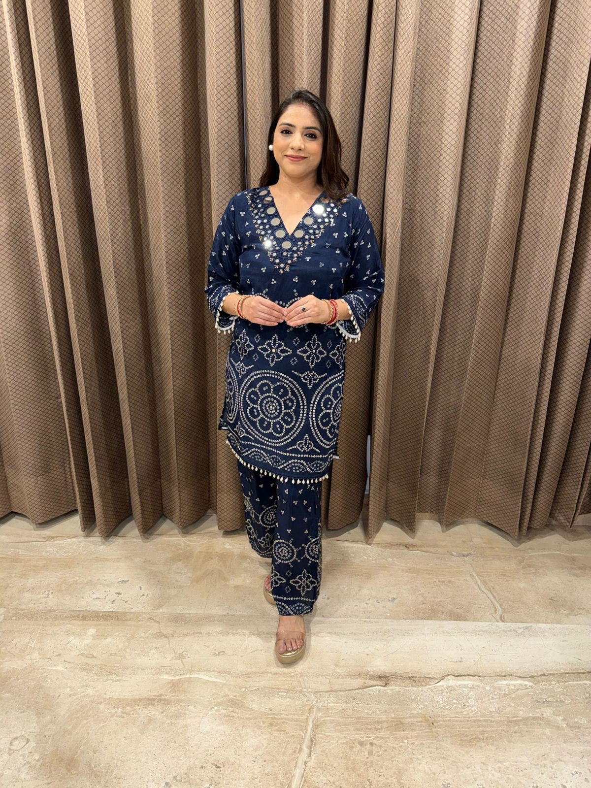 Navy Blue Mirror Work Printed Co-ord Set with Palazzo Pants