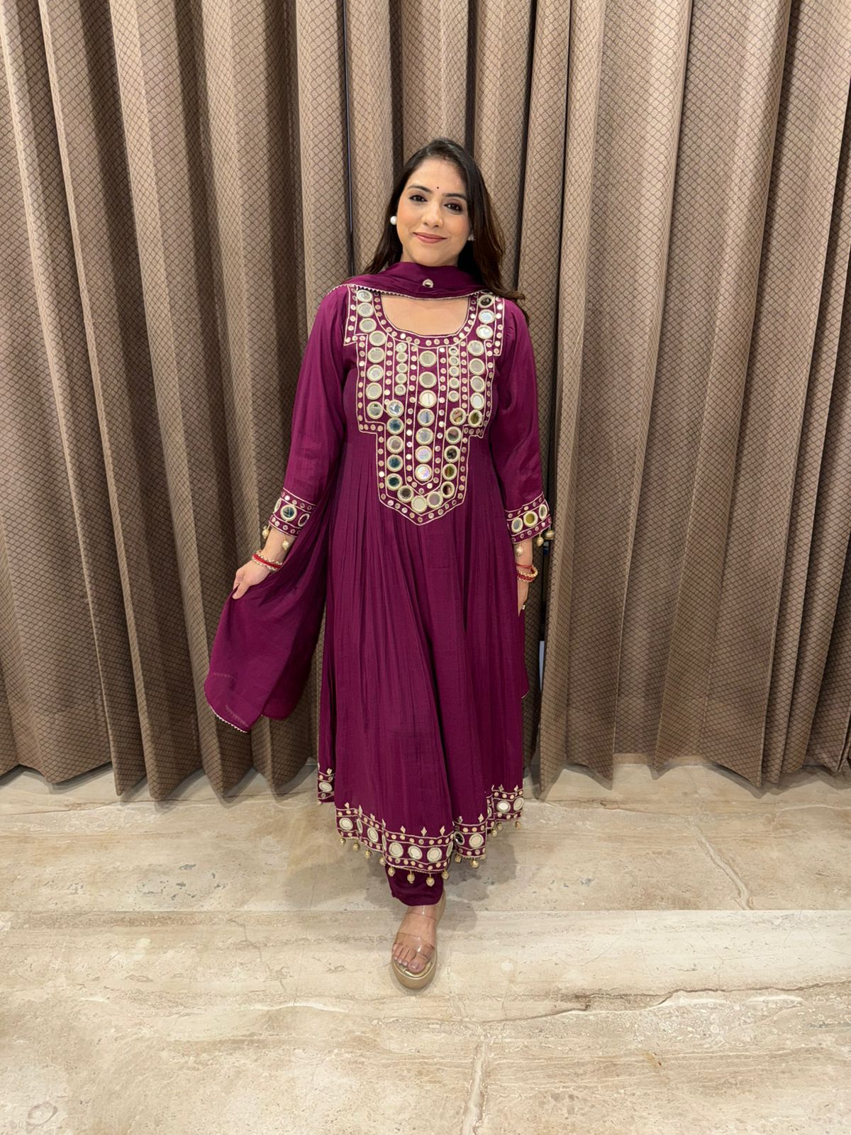 Wine Anarkali Kurta Set with Mirror Work Dupatta