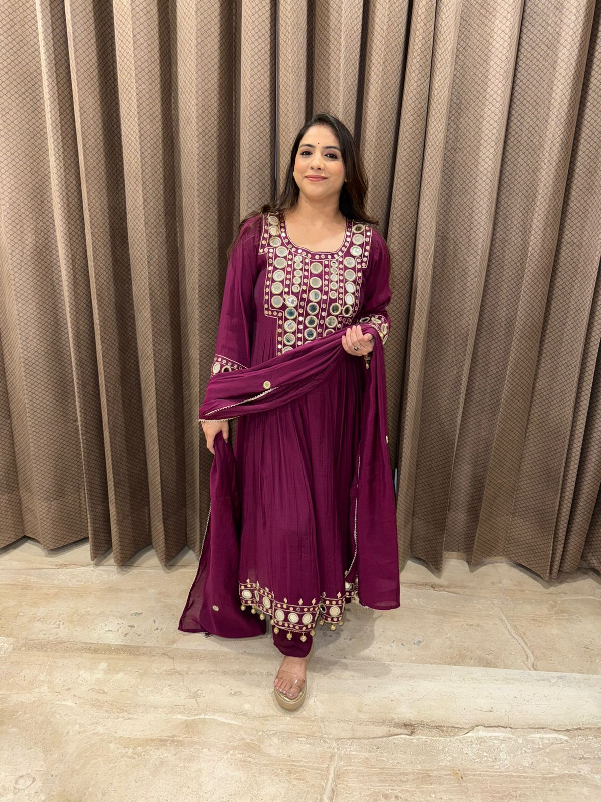 Wine Anarkali Kurta Set with Mirror Work Dupatta