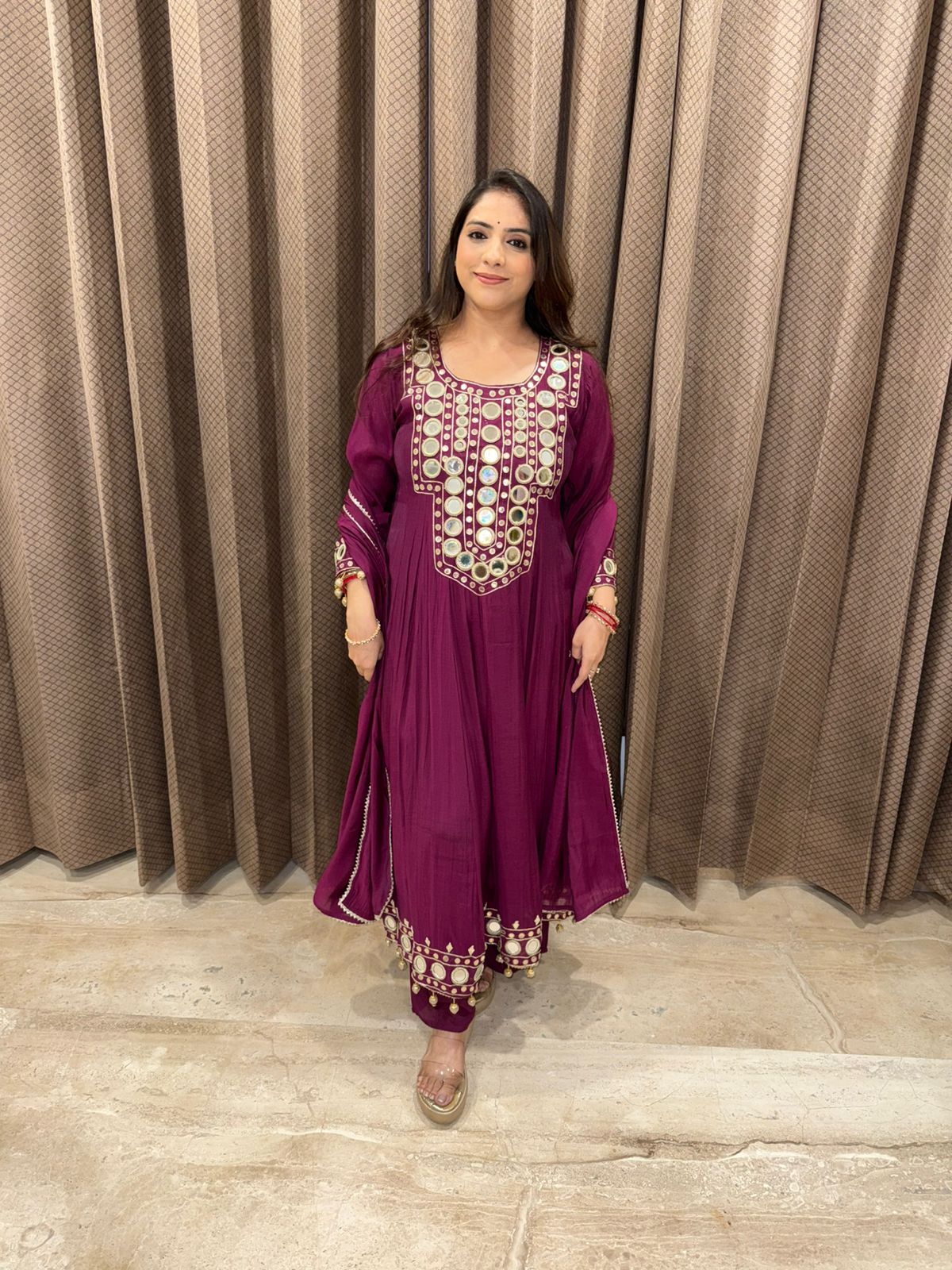 Wine Anarkali Kurta Set with Mirror Work Dupatta
