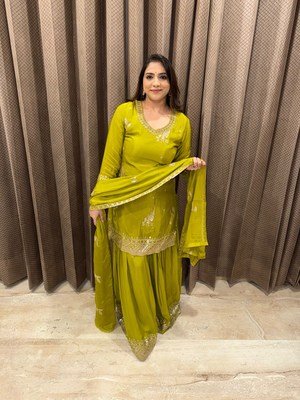 Lime Green Embroidered Punjabi Sharara Suit with Dupatta