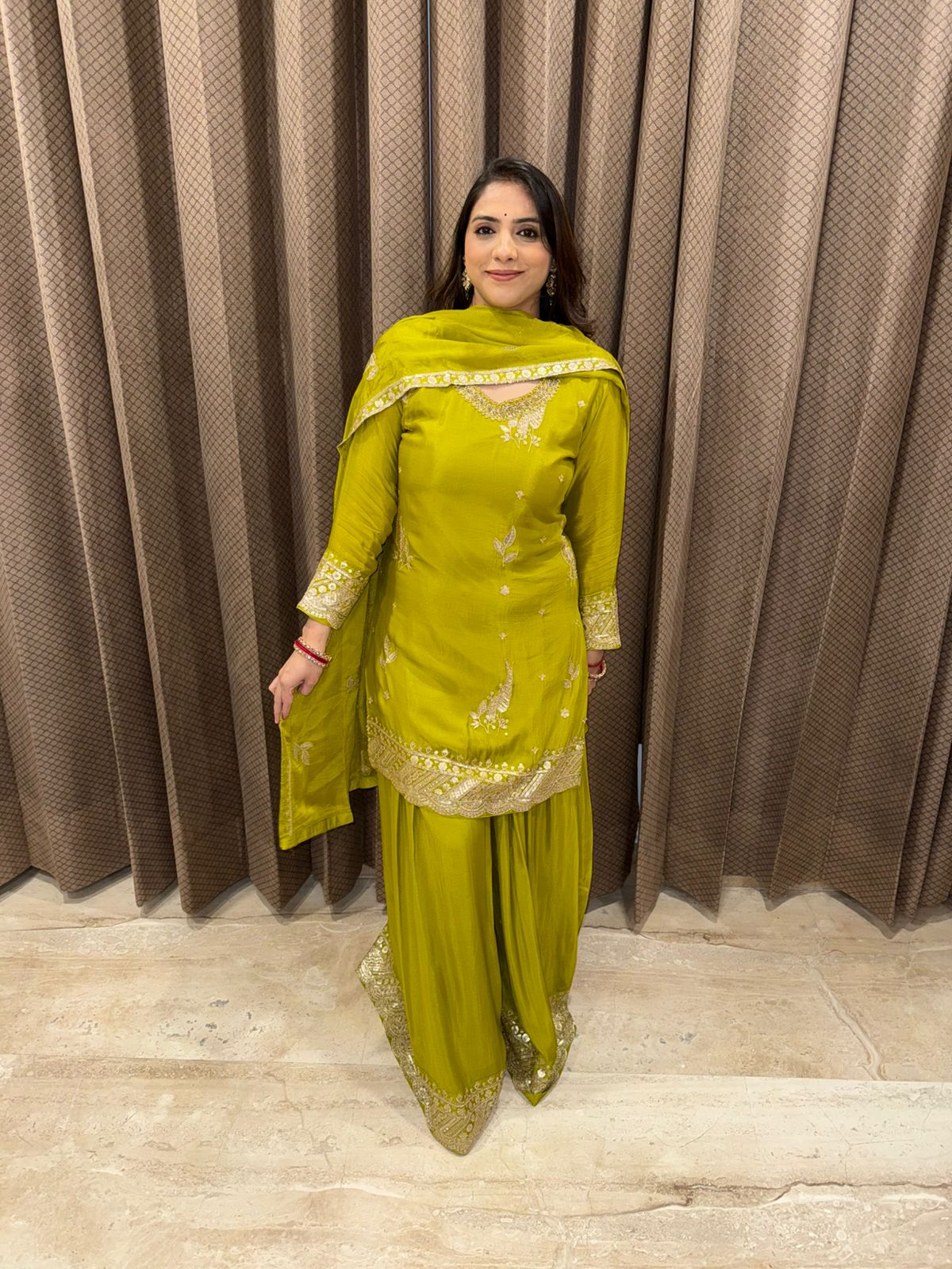 Lime Green Embroidered Punjabi Sharara Suit with Dupatta