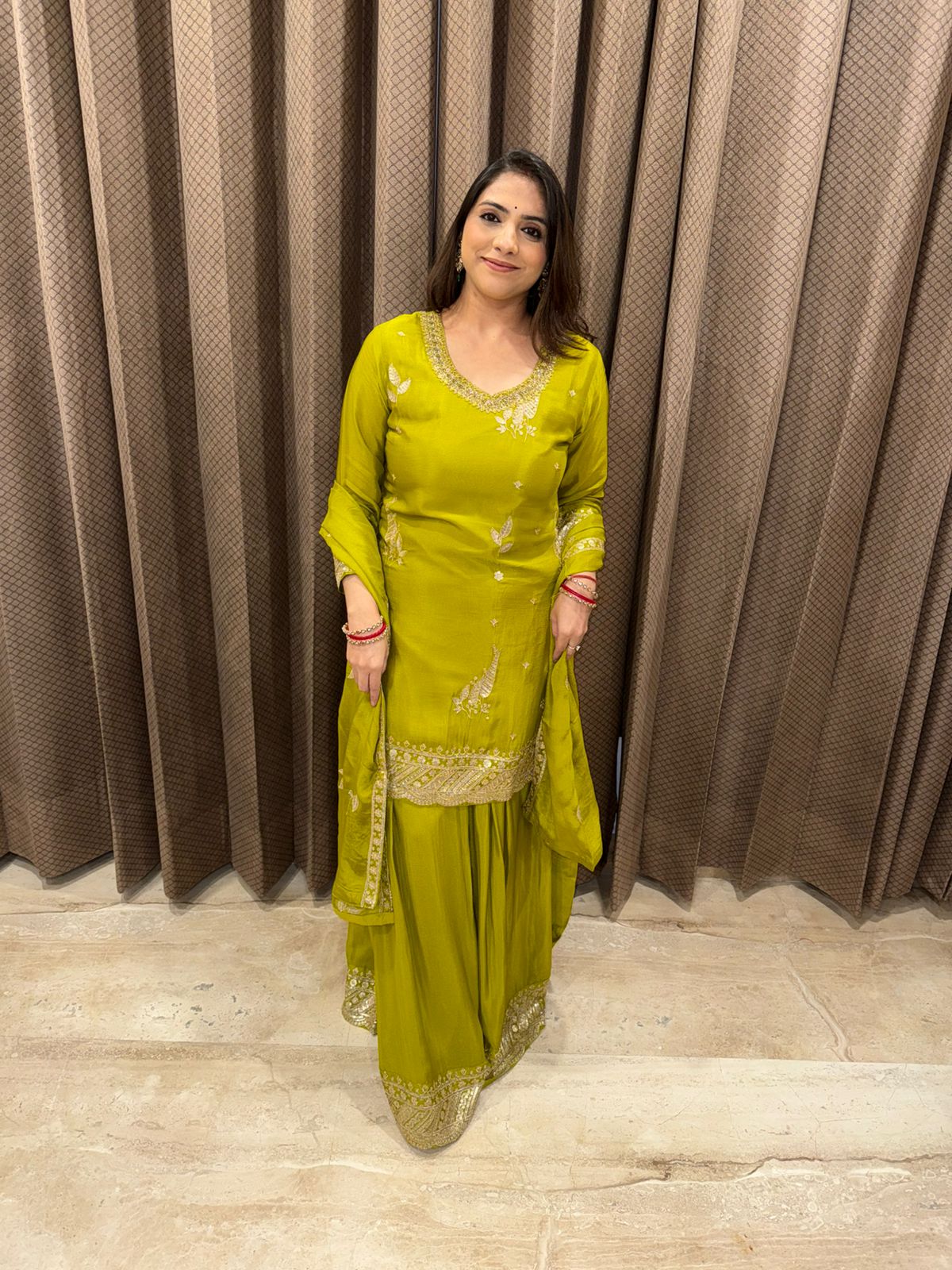 Lime Green Embroidered Punjabi Sharara Suit with Dupatta