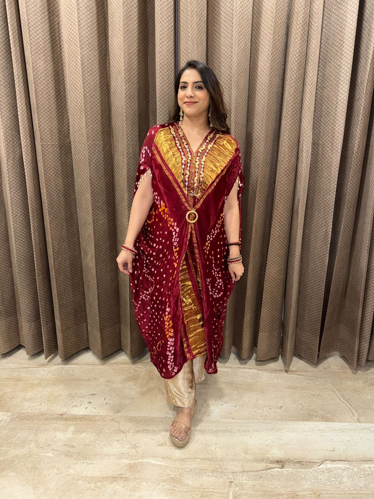 Maroon and Mustard Bandhej Kaftan Set with Mirror Detailing