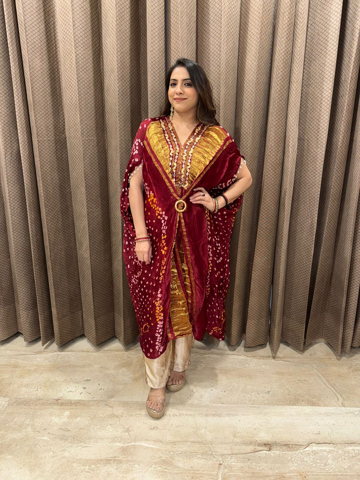 Maroon and Mustard Bandhej Kaftan Set with Mirror Detailing