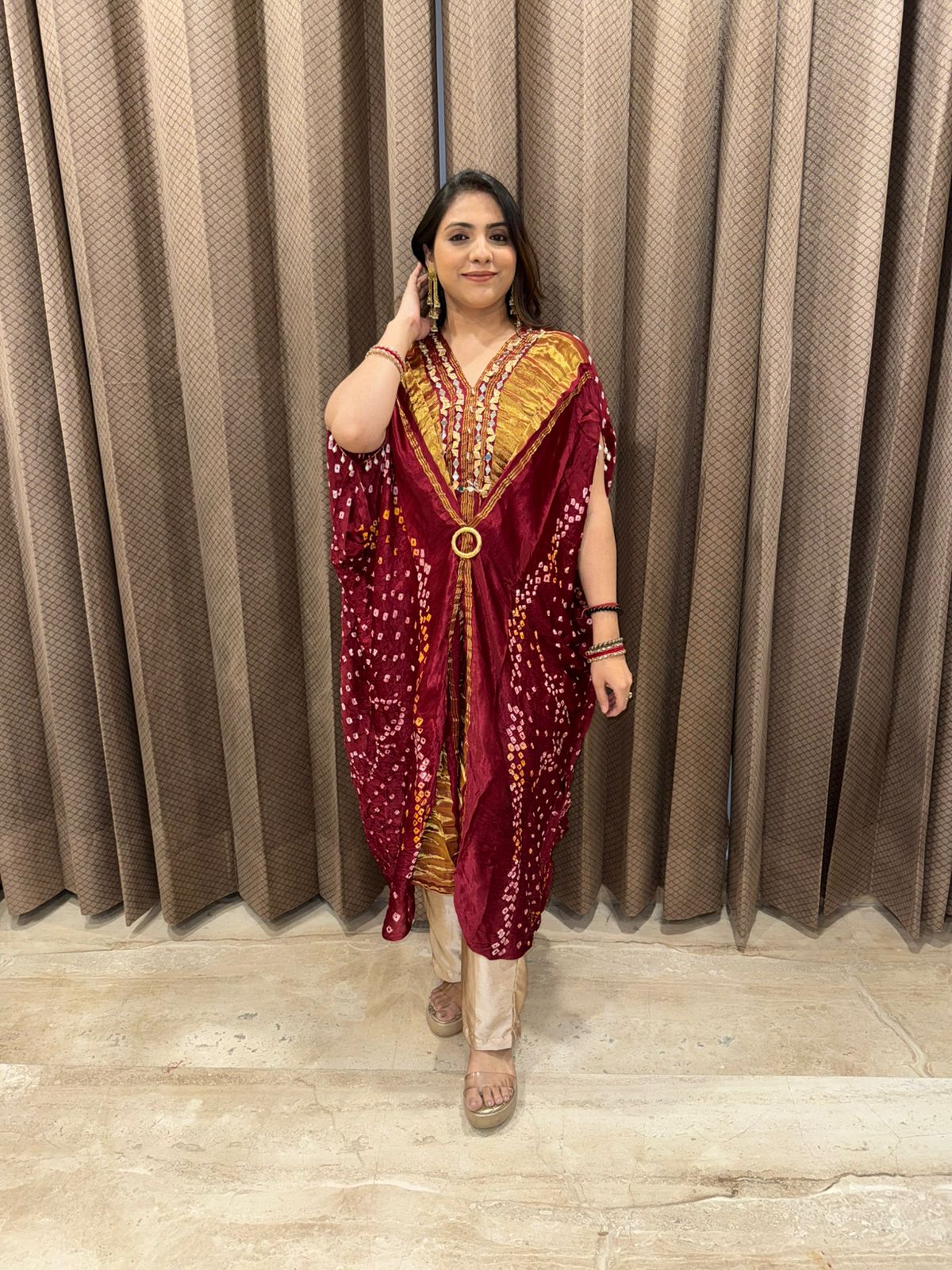 Maroon and Mustard Bandhej Kaftan Set with Mirror Detailing