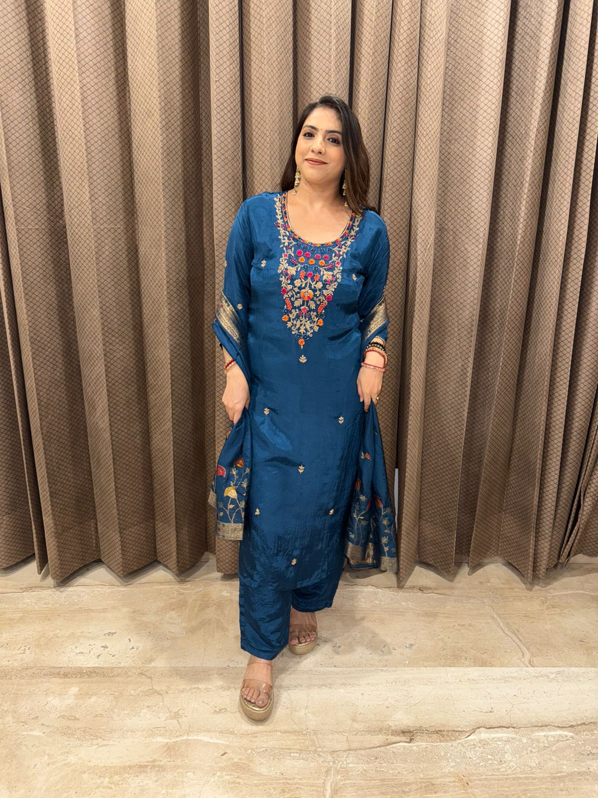 Teal Blue Embroidered Suit Set with Contrast Thread Work