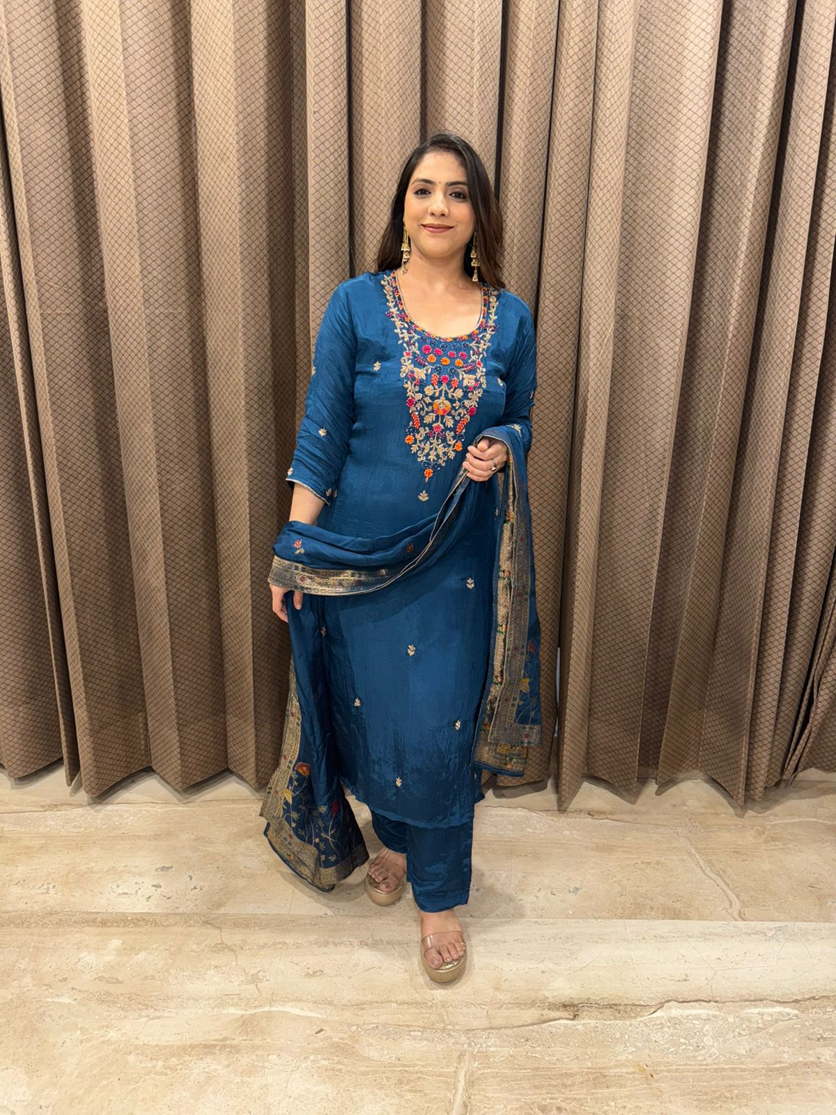 Teal Blue Embroidered Suit Set with Contrast Thread Work