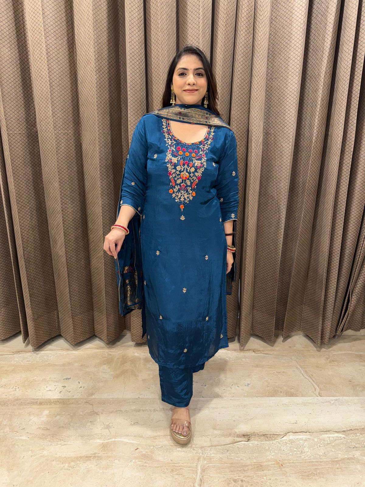 Teal Blue Embroidered Suit Set with Contrast Thread Work