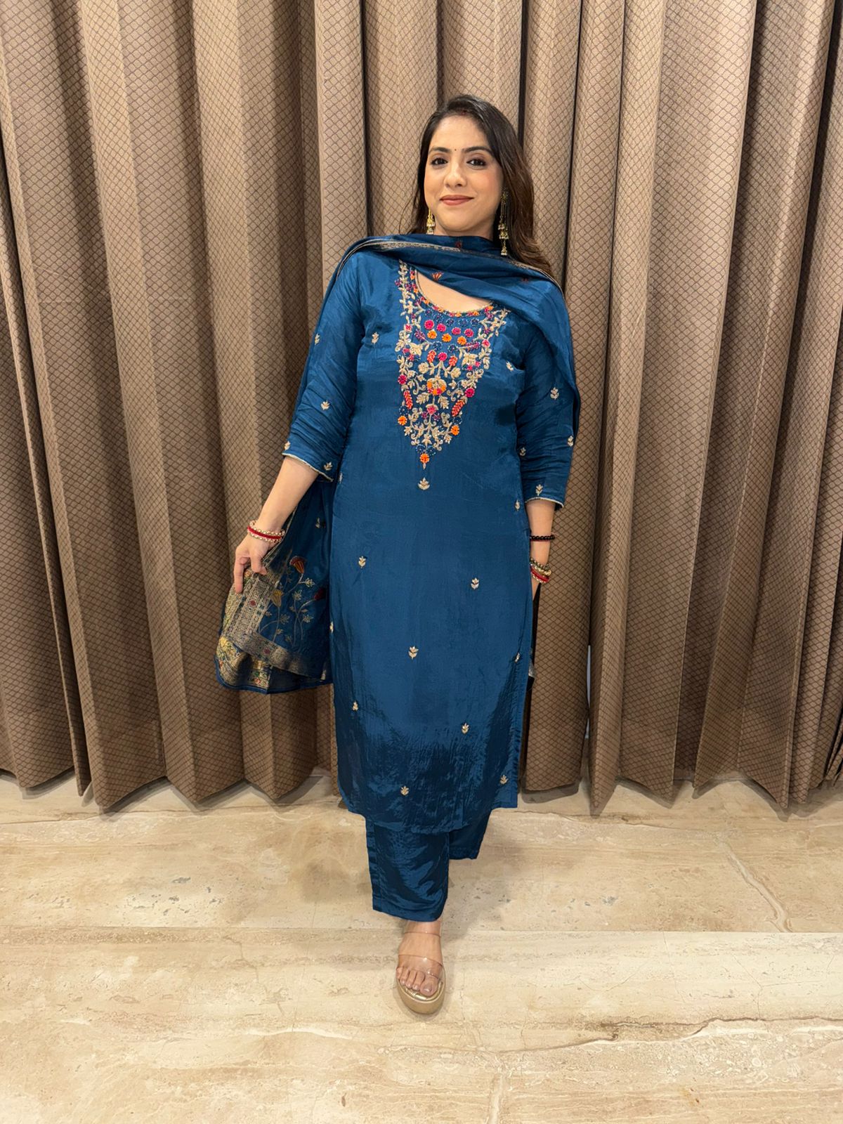 Teal Blue Embroidered Suit Set with Contrast Thread Work