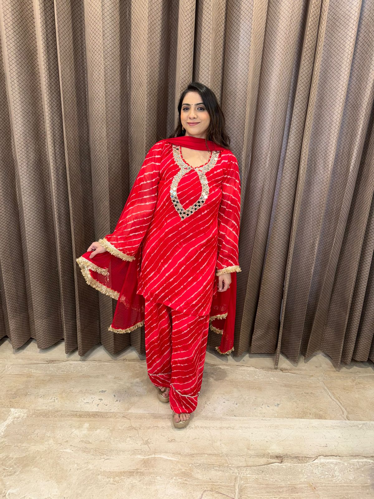 Red Bandhej Mirror Work Kurta Set with Dupatta