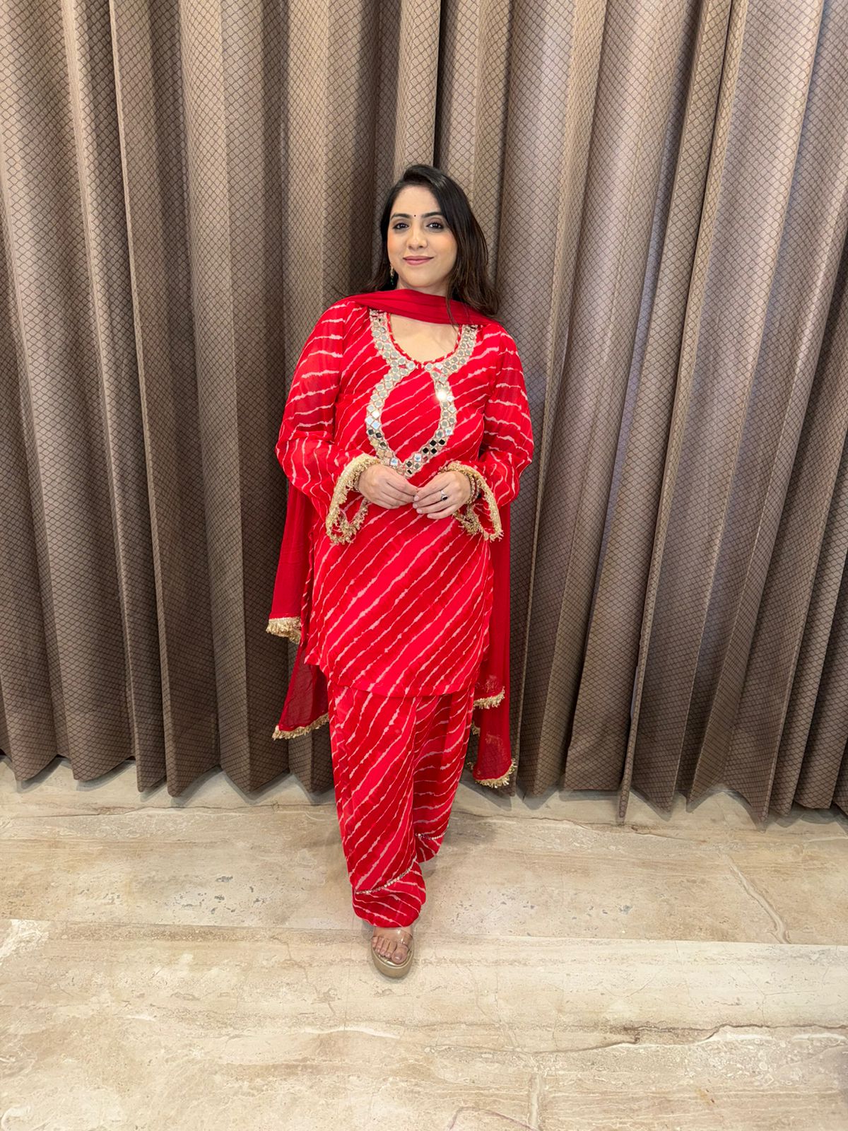 Red Bandhej Mirror Work Kurta Set with Dupatta