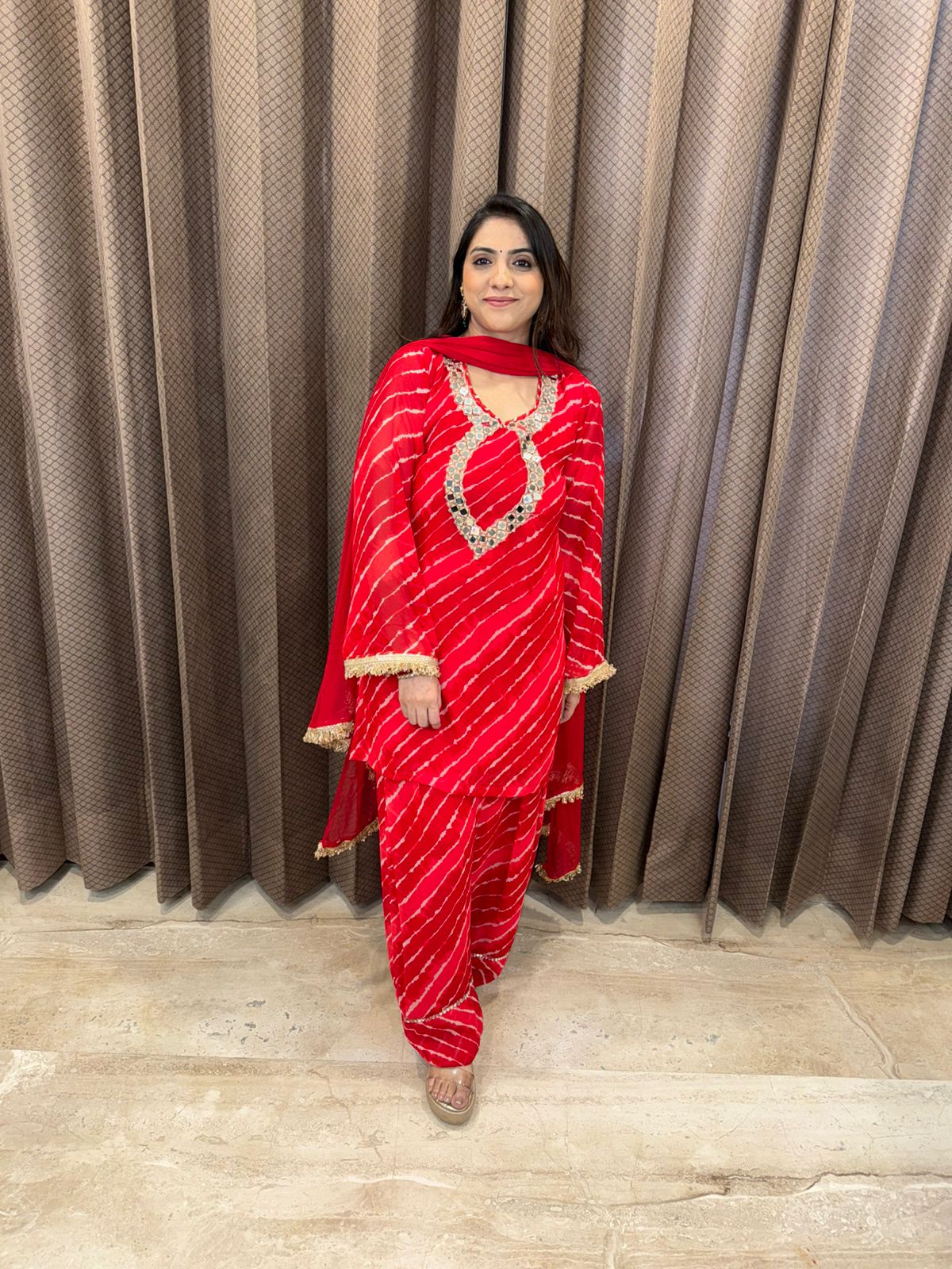 Red Bandhej Mirror Work Kurta Set with Dupatta