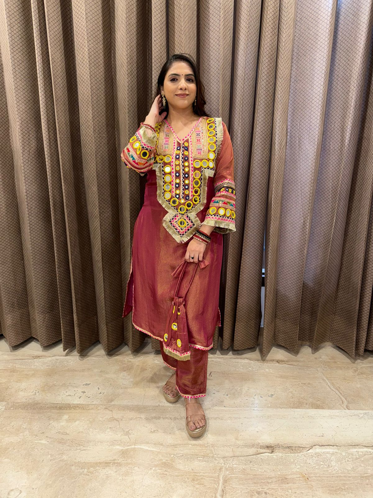 Rust Mirror Work Embroidered Co-ord Set with Potli