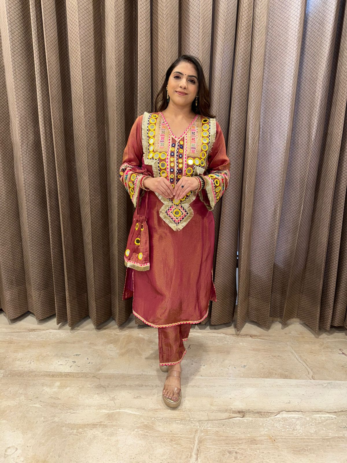 Rust Mirror Work Embroidered Co-ord Set with Potli