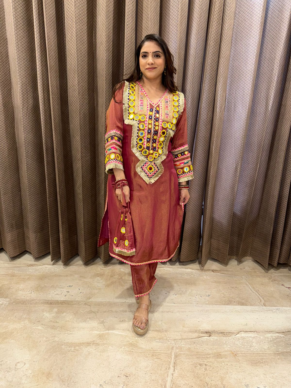 Rust Mirror Work Embroidered Co-ord Set with Potli