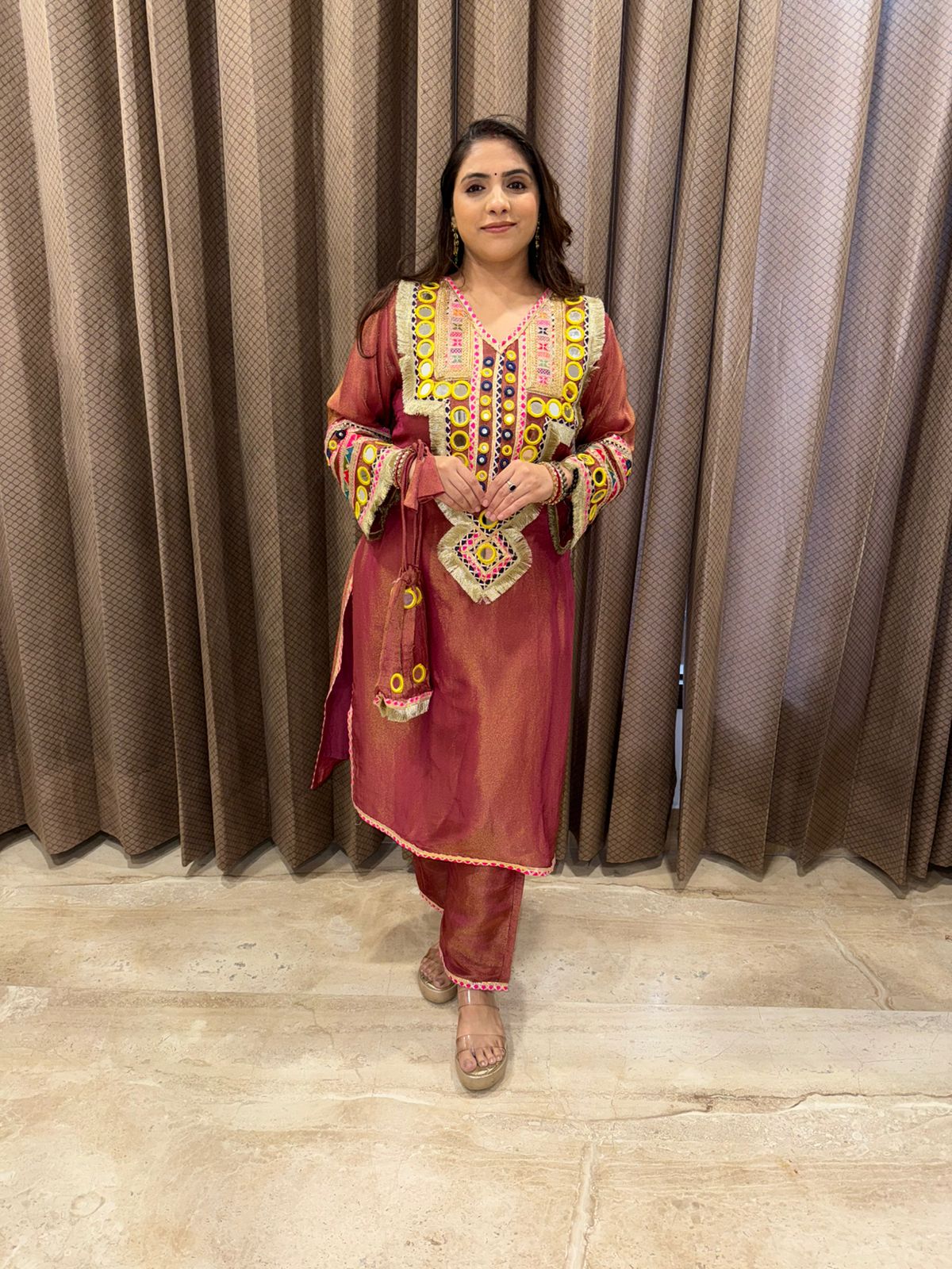 Rust Mirror Work Embroidered Co-ord Set with Potli