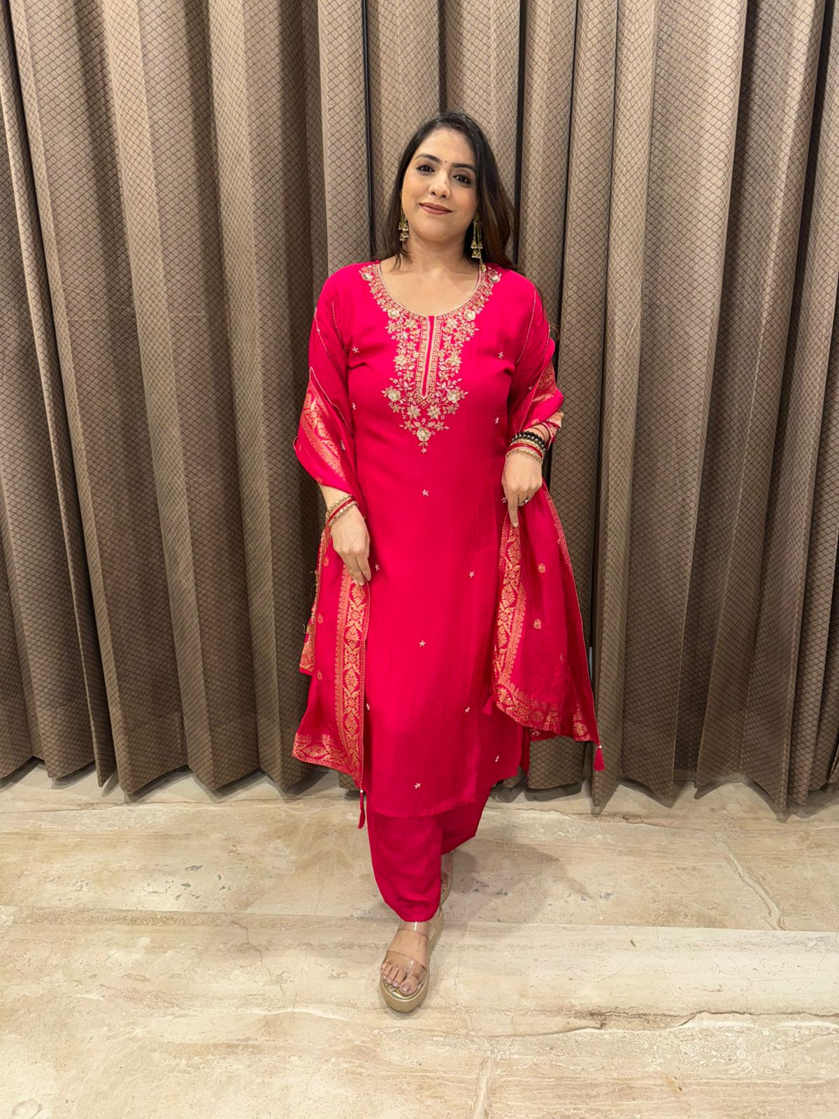 Elegant Fuchsia Pink Embroidered Kurta Set with Dupatta