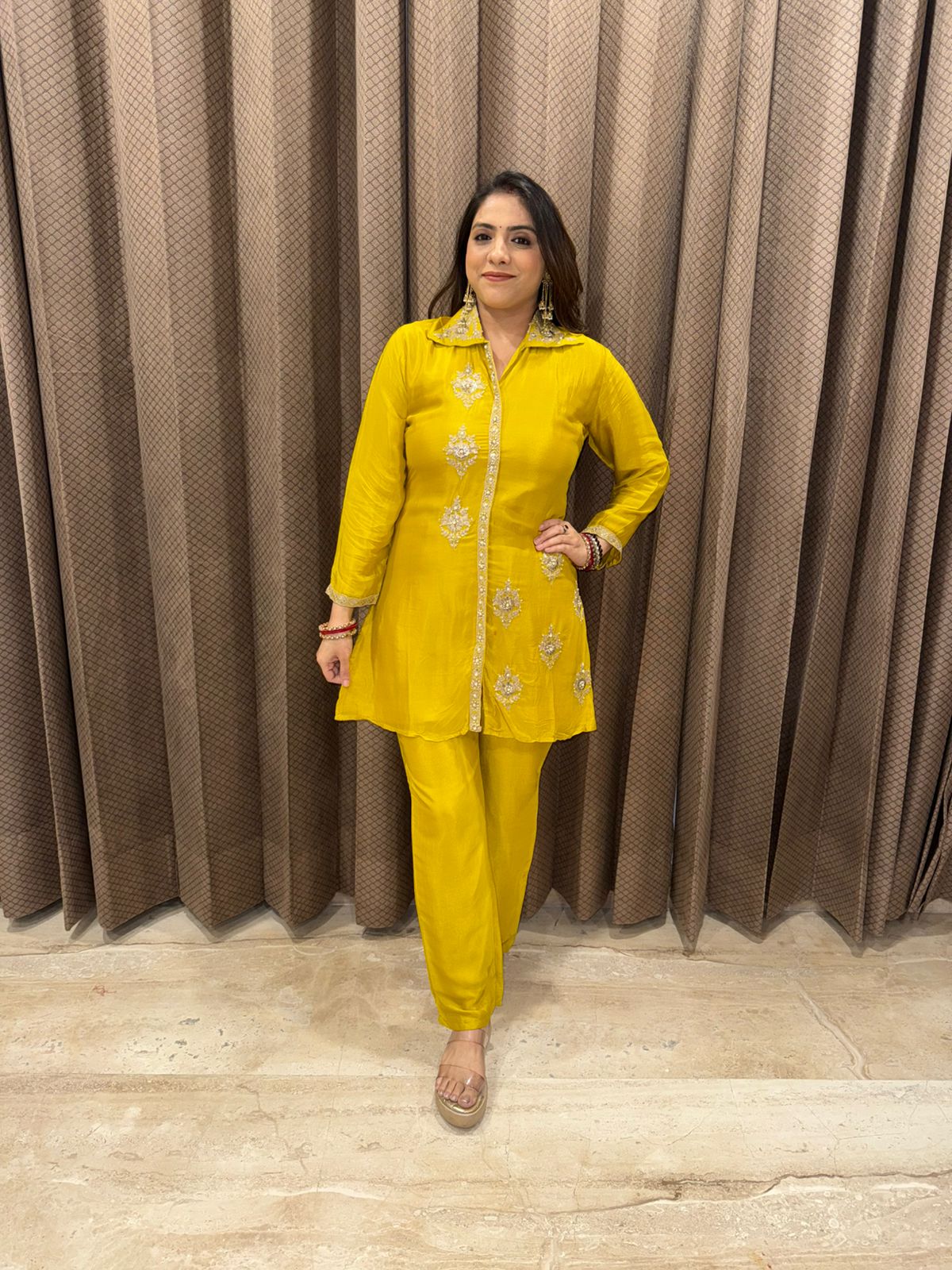 Mustard Yellow Embroidered Co-ord Set with Straight Pants