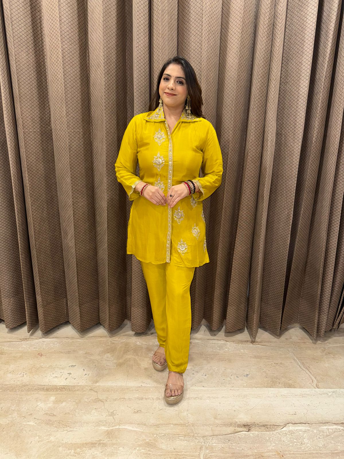 Mustard Yellow Embroidered Co-ord Set with Straight Pants