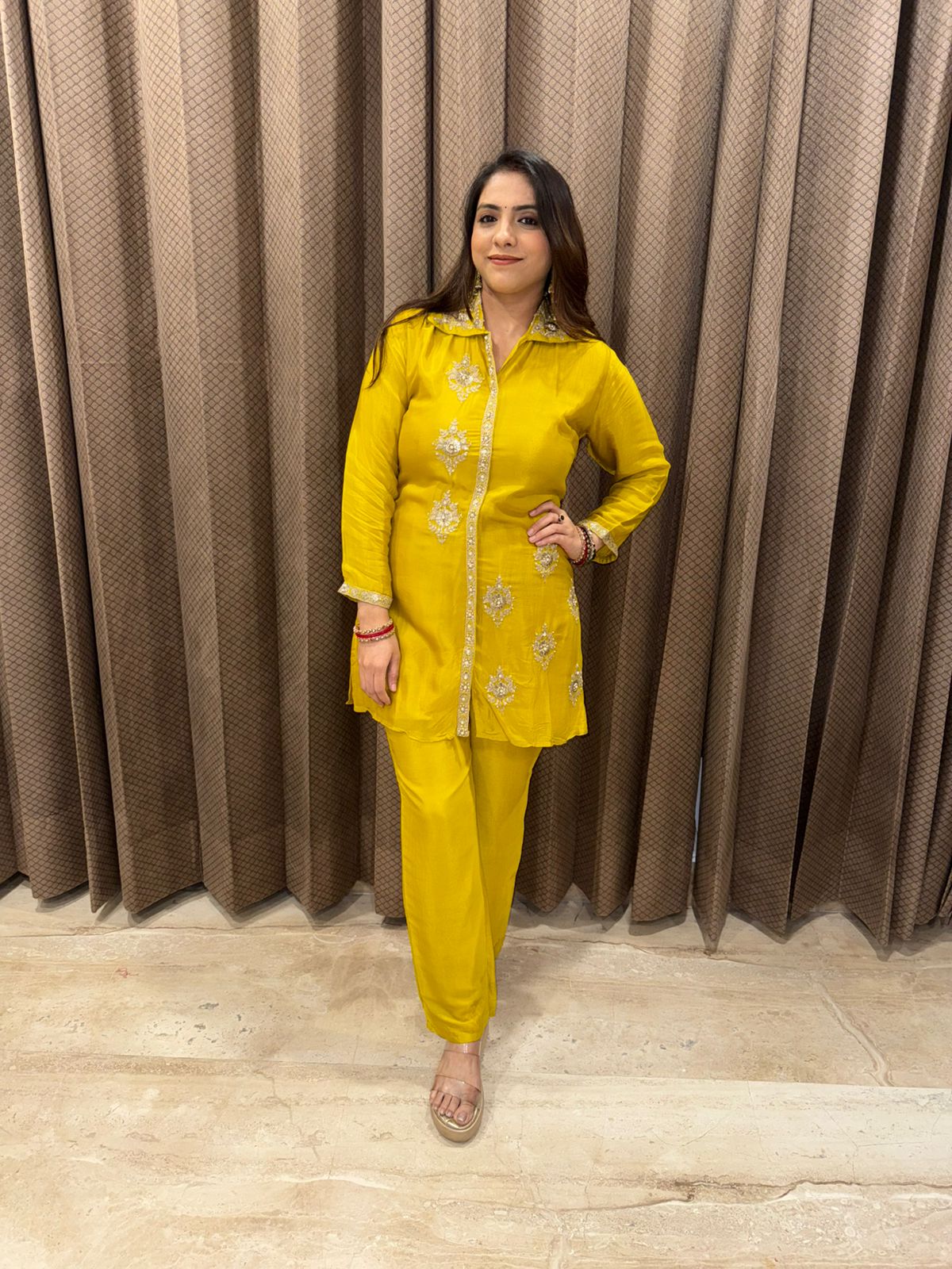 Mustard Yellow Embroidered Co-ord Set with Straight Pants