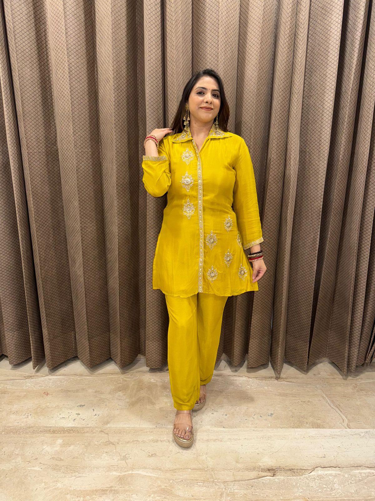 Mustard Yellow Embroidered Co-ord Set with Straight Pants