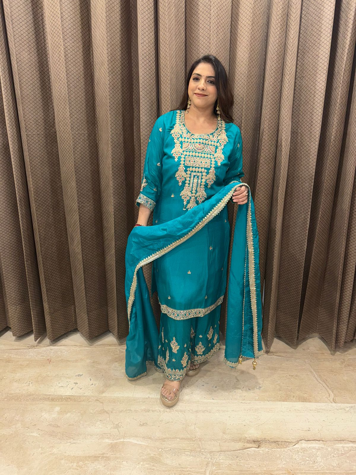 Rama Green Embroidered Kurta Set with Dupatta and Palazzo Pants